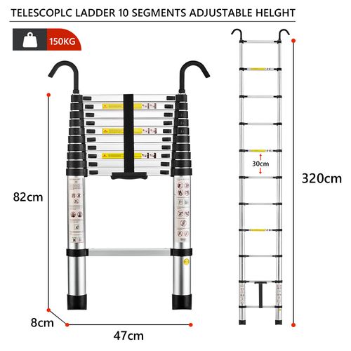 Échelle Télescopique Pliante En Aluminium De 3,2 Mètres, Capacité De Charge Maximale De 150