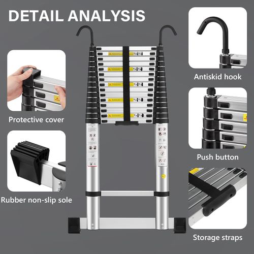 Échelle Télescopique De 6,2 Mètres Avec Stabilisateurs, Structure En Aluminium, Crochets Amovibles