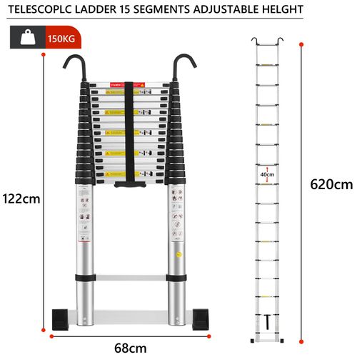 Échelle Télescopique De 6,2 Mètres Avec Stabilisateurs, Structure En Aluminium, Crochets Amovibles