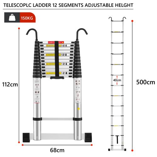 Échelle Télescopique Pliante De 5 Mètres Avec Stabilisateurs, Structure En Aluminium, Barres