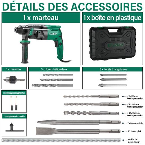 Perceuse à Percussion Sds Plus Filaire 950 W, Avec Jeu D'accessoires 16 Pièces, 0-1150 Tr/min/5100