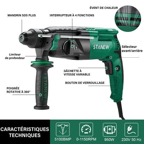 Perceuse à Percussion Sds Plus Filaire 950 W, Avec Jeu D'accessoires 16 Pièces, 0-1150 Tr/min/5100