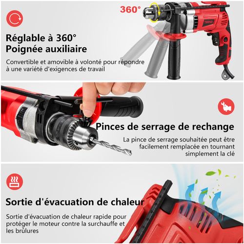 Perceuse Électrique à Percussion 910w, Perceuse à Percussion Électrique 0-3000 Rpm, Mandrin 13mm