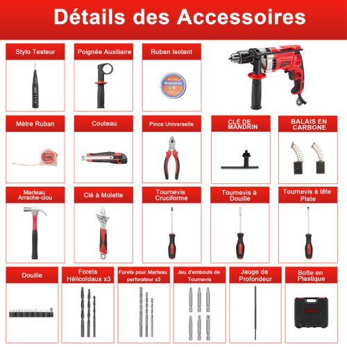 Perceuse Électrique à Percussion 910w, Perceuse à Percussion Électrique 0-3000 Rpm, Mandrin 13mm