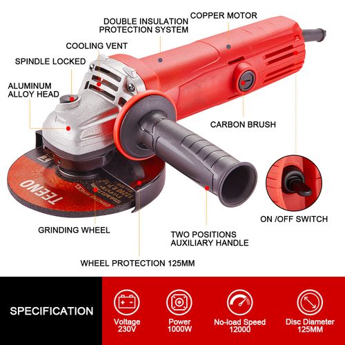Meuleuse D'angle 1000 Watt, 12000 Rpm (disque De 125 Mm) Pour Couper Et Poncer, Polir, Le Métal, Le