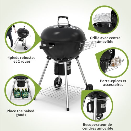 Barbecue Charbon De Bois 57 Cm Avec Couvercle, Idéal Pour 4 à 12 Personnes