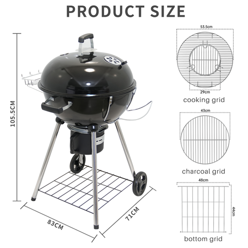 Barbecue Charbon De Bois 57 Cm Avec Couvercle, Idéal Pour 4 à 12 Personnes