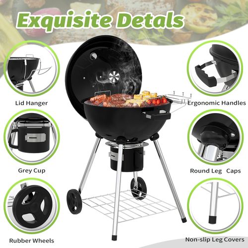 Barbecue Charbon De Bois 57 Cm Avec Couvercle, Idéal Pour 4 à 12 Personnes