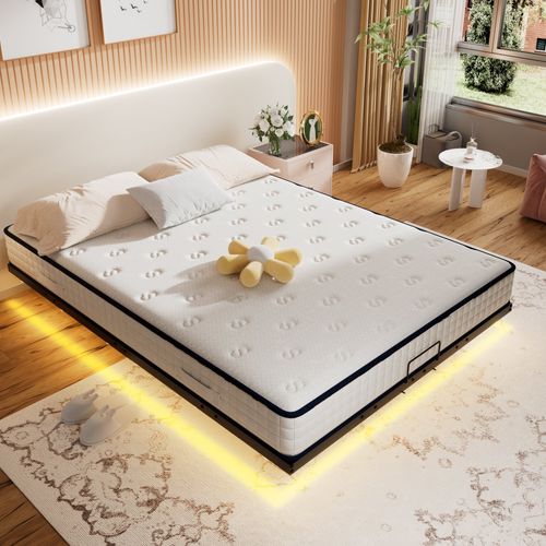 Cadre De Lit LED En Métal 140x200 Cm, Hauteur 20 Cm, Cadre De Lit Flottant, Pieds Dissimulés, Noir