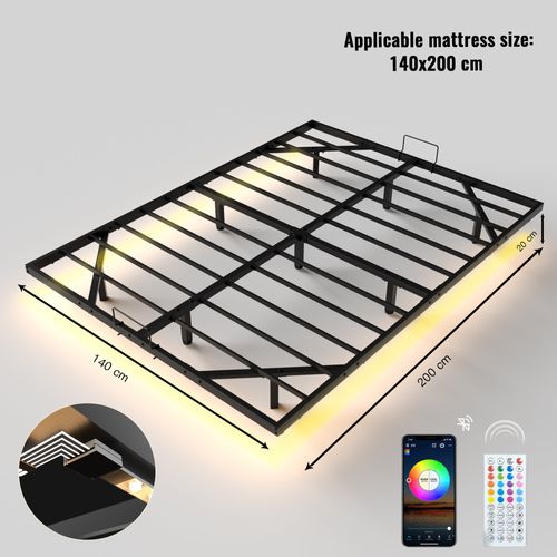Cadre De Lit LED En Métal 140x200 Cm, Hauteur 20 Cm, Cadre De Lit Flottant, Pieds Dissimulés, Noir