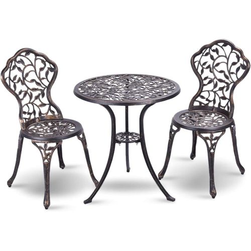 Salon De Jardin 3pcs En Fonte Aluminium, Ensemble 2 Chaises Et 1 Table Ronde Style Rétro (brun)