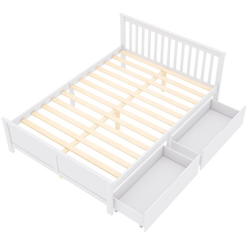 Lit 140 X 200 Cm 2 Tiroirs Et Sommier Inclus Blanc Et Bois