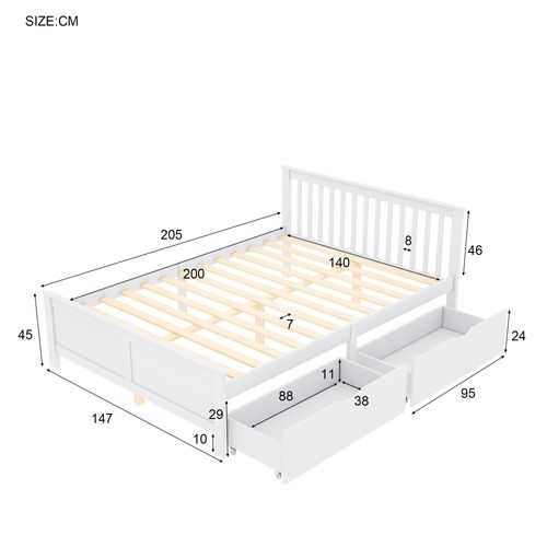 Lit 140 X 200 Cm 2 Tiroirs Et Sommier Inclus Blanc Et Bois