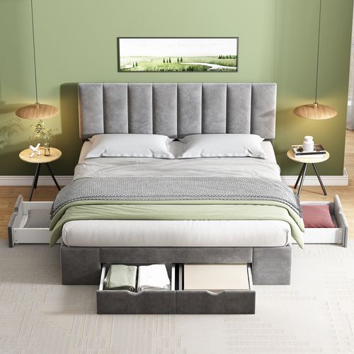 Lit Adulte + 4 Tiroir 160 X 200 Cm Velours Gris Avec Tête De Lit Et Sommier