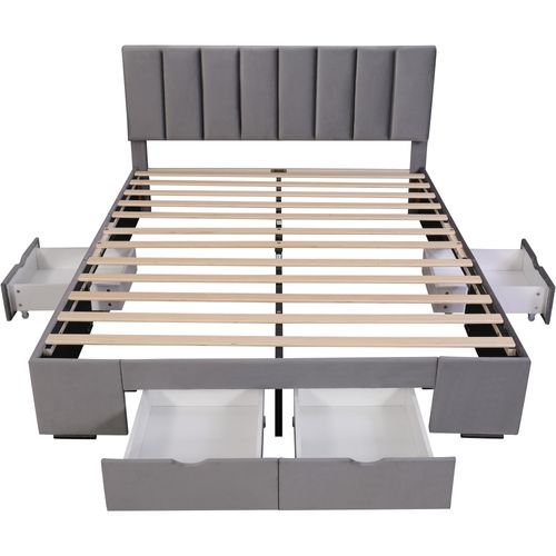Lit Adulte + 4 Tiroir 160 X 200 Cm Velours Gris Avec Tête De Lit Et Sommier