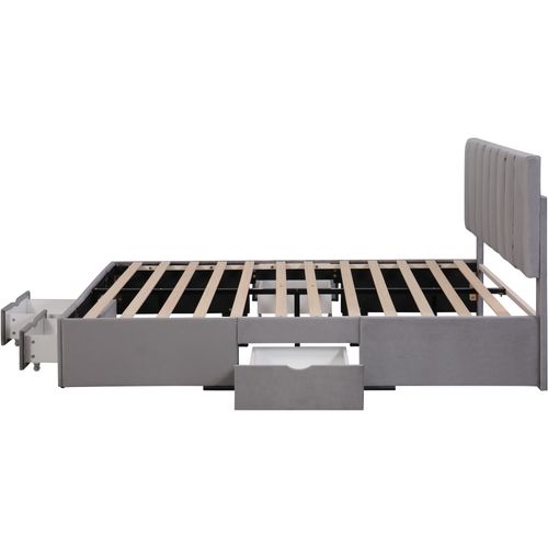 Lit Adulte + 4 Tiroir 160 X 200 Cm Velours Gris Avec Tête De Lit Et Sommier