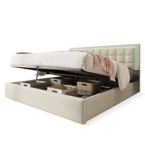 Lit Rembourré Coffre LED 160x200 Cm En Blanc Pu Avec Tête De Lit Et Sommier