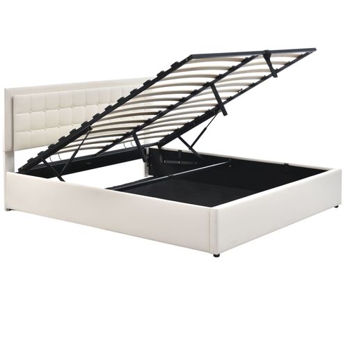 Lit Rembourré Coffre LED 160x200 Cm En Blanc Pu Avec Tête De Lit Et Sommier