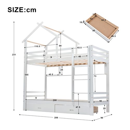 Lit Superposé Cabane Avec Étagère Et 2 Tiroirs 90 X 200 Cm Blanc