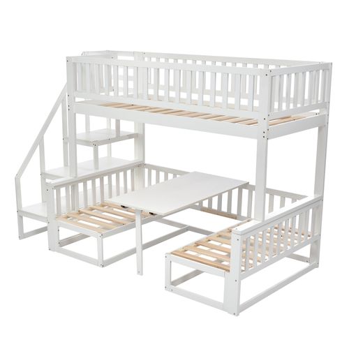 Lit Superposé Avec Escalier, Transformable En Coin Bureau,90x200 Cmet120x200 Cm, Blanc