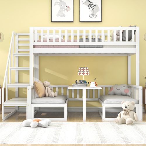 Lit Superposé Avec Escalier, Transformable En Coin Bureau,90x200 Cmet120x200 Cm, Blanc