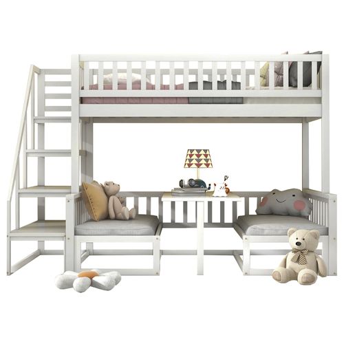 Lit Superposé Avec Escalier, Transformable En Coin Bureau,90x200 Cmet120x200 Cm, Blanc