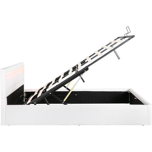 Lit 140x200 Cm Rembourré En Blanc Pu Luxe Avec Coffre Et Éclairage LED