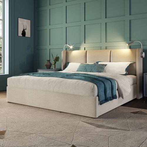 Lit Rembourré Coffre 140 X 200 Cm En Beige Lin Avec USB Et 2 Lampes De Lecture