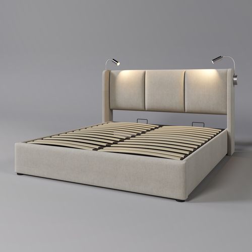 Lit Rembourré Coffre 140 X 200 Cm En Beige Lin Avec USB Et 2 Lampes De Lecture