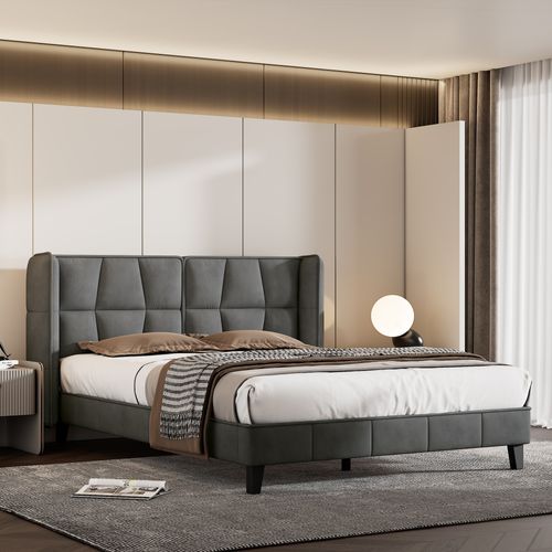 Lit 140 X 200 Cm Avec Tête De Lit En Velours Gris - Sommier à Lattes