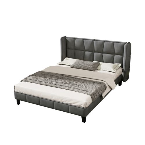 Lit 140 X 200 Cm Avec Tête De Lit En Velours Gris - Sommier à Lattes