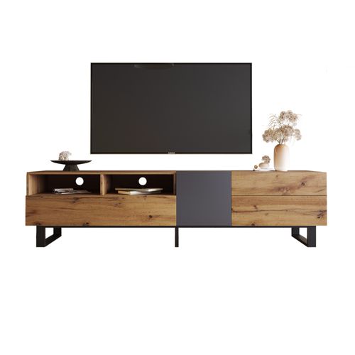 Meuble TV L.180 Cm Imitation Chêne + Noir Avec 2 Tiroirs Et 2 Portes