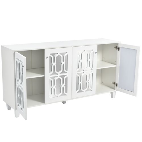 Buffet Bas Blanc Avec 4 Portes - Meuble De Rangement - Blanc Brillant