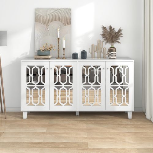 Buffet Bas Blanc Avec 4 Portes - Meuble De Rangement - Blanc Brillant