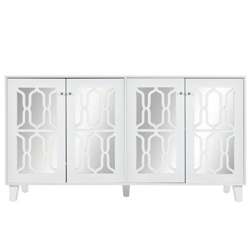 Buffet Bas Blanc Avec 4 Portes - Meuble De Rangement - Blanc Brillant