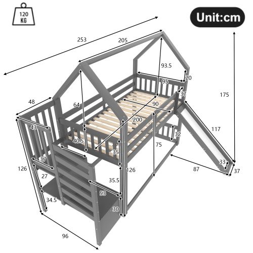 Lit Mezzanine Avec Toboggan Cabane 90 X 200 Cm Gris