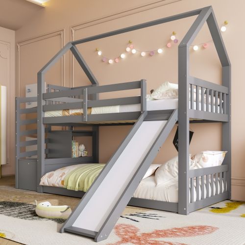 Lit Mezzanine Avec Toboggan Cabane 90 X 200 Cm Gris