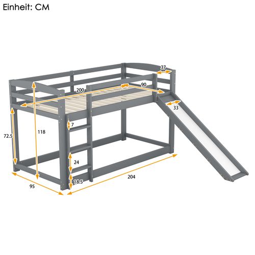 Lit Mezzanine Avec Toboggan 90 X 200 Cm Gris