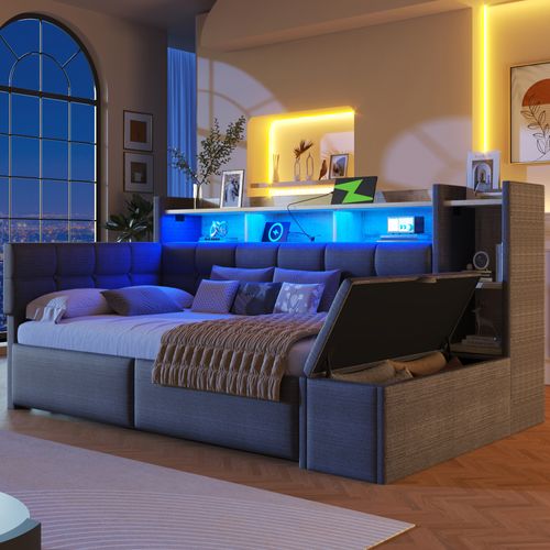 Canapé-Lit Moimhear 90x190 Cm - Espace Rangement Hydraulique, Lampe Et Charge USB-C, Velours Gris