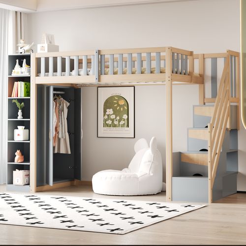 Lit Mezzanine 140 X 200 Cm Avec Bureau, étagère De Rangement Et Armoir Metal Bois Mdf Blanc Sans Matelas 96266074