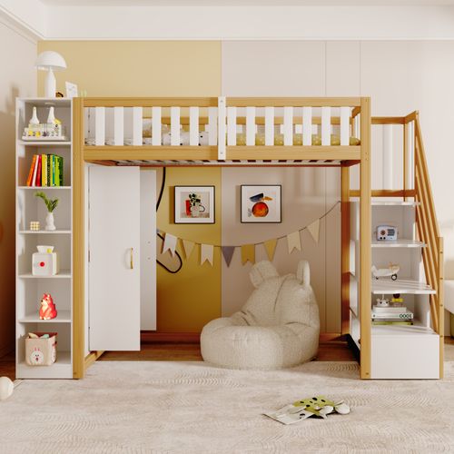 Lit Mezzanine 90 X 200 Cm Avec Escalier De Rangement. Armoire Et Étagères à Plusieurs Niveaux Bois