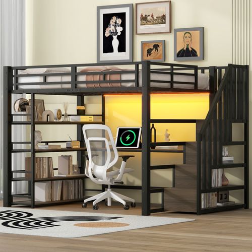 Lit Mezzanine 140 X 200 Cm Avec LED, Bureau, Étagères à Quatre Niveaux Et Escalier De Rangement Noir