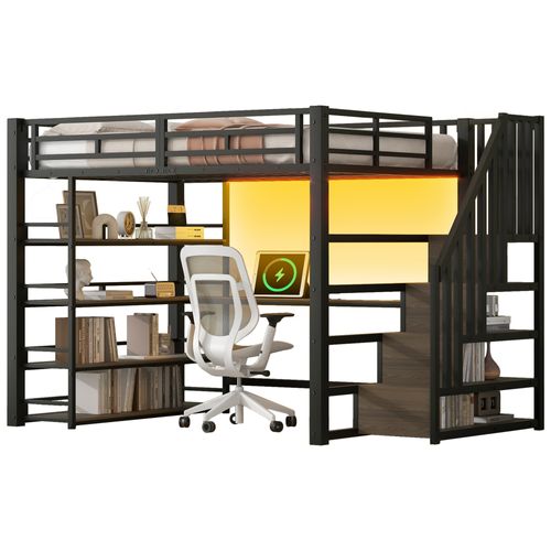 Lit Mezzanine 140 X 200 Cm Avec LED, Bureau, Étagères à Quatre Niveaux Et Escalier De Rangement Noir