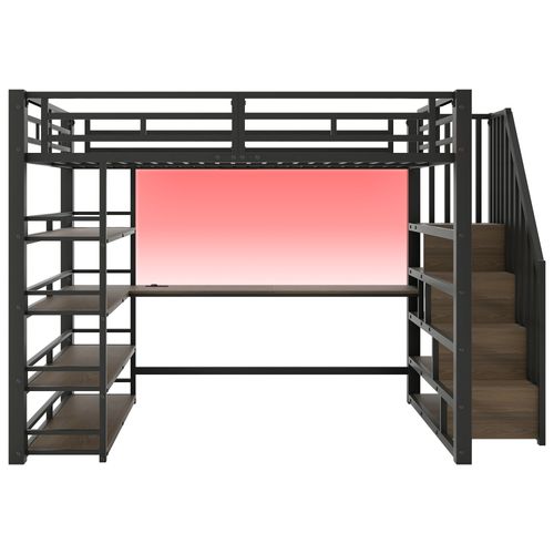 Lit Mezzanine 140 X 200 Cm Avec LED, Bureau, Étagères à Quatre Niveaux Et Escalier De Rangement Noir