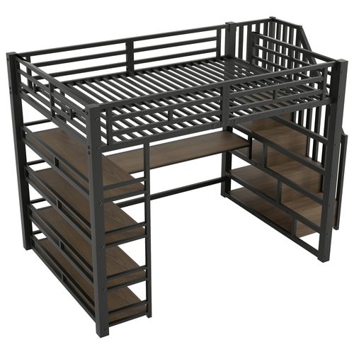 Lit Mezzanine 140 X 200 Cm Avec LED, Bureau, Étagères à Quatre Niveaux Et Escalier De Rangement Noir