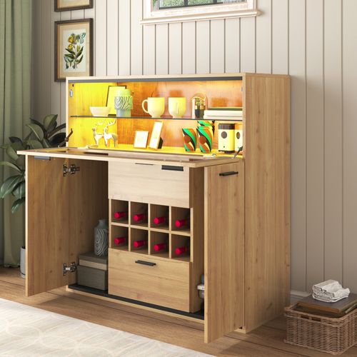 Bar LED 2 Portes 8 Casiers à Bouteilles Décor Chêne Et Métal Noir