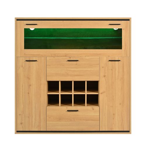 Bar LED 2 Portes 8 Casiers à Bouteilles Décor Chêne Et Métal Noir