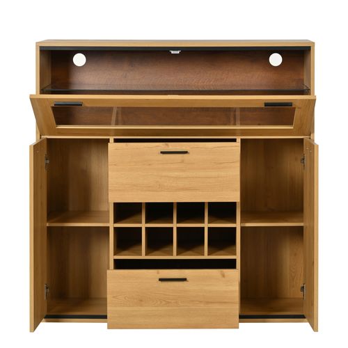 Bar LED 2 Portes 8 Casiers à Bouteilles Décor Chêne Et Métal Noir