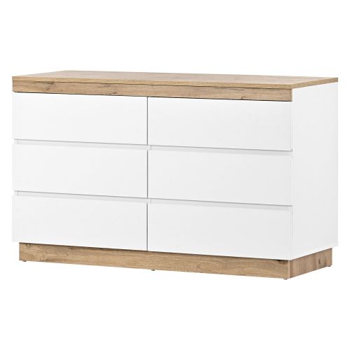 Buffet Rangement Commode 6 Tiroirs Blanc + Oak