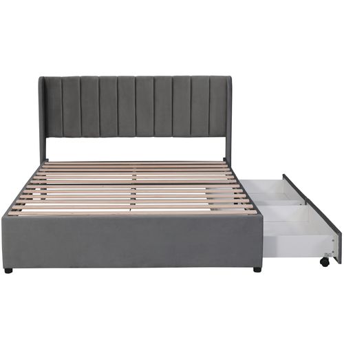 Lit Capitonné Double 140 X 200 Cm En Velours Avec 2 Tiroirr, Sommier à Lattes Inclus, Girs